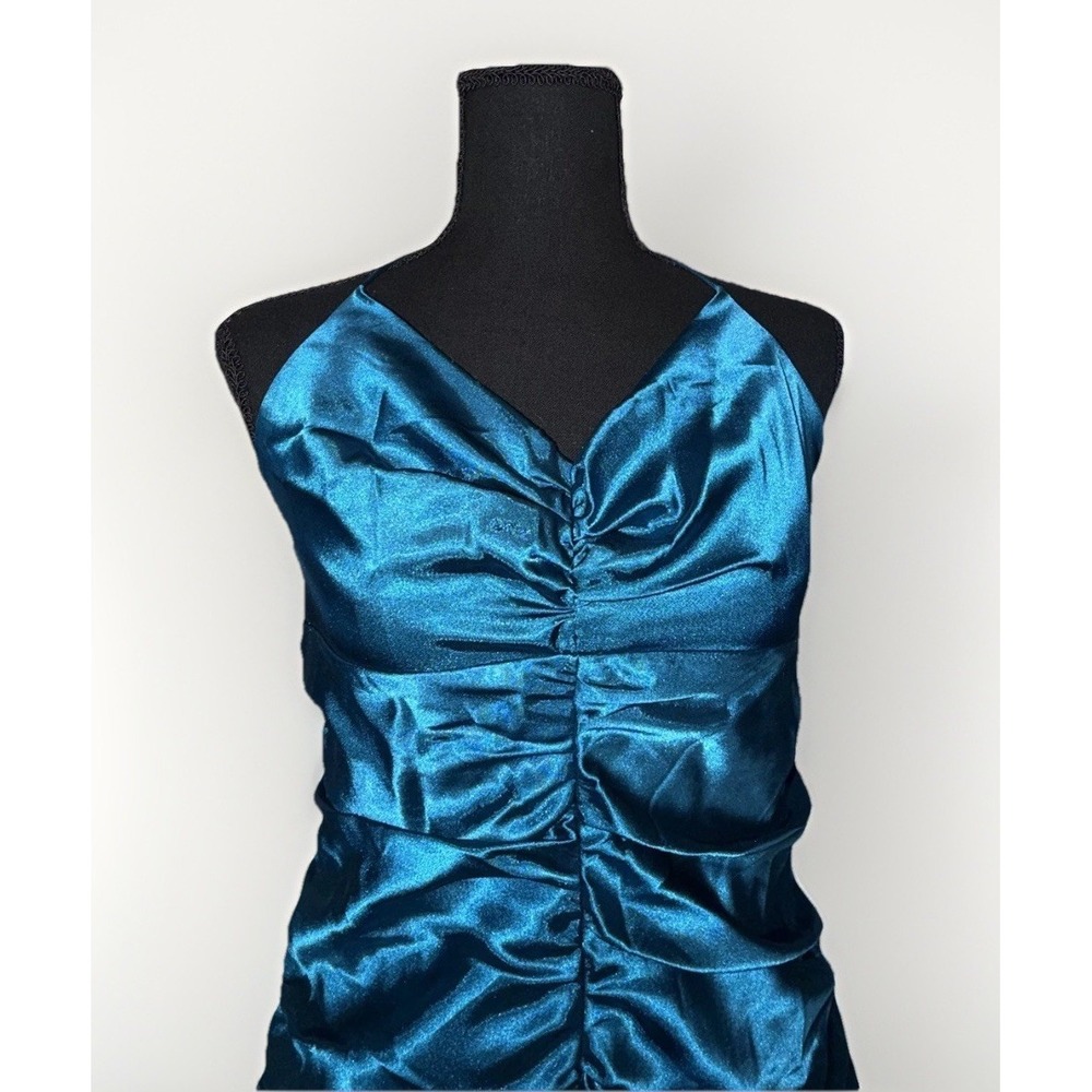 VTG 80s Teal Satin Ruched Halter Ruffle Mini Dress Size‎ 8 Medium Spring Formal - Picture 3 of 10